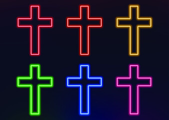 Neon frame. Set of neon crosses in different colors. Laser glowing lines on a black background.