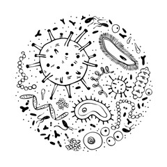 Microbes in a circle. Doodle bacterial cells are spherical and rod-shaped. A large collection of bacteria species. Vector stock illustration isolated on white background.