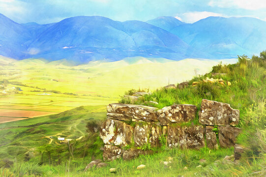 Scenery mountain landscape with green field colorful painting, Albania.