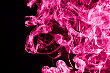 Pink smoke background. Air gas swirl texture. Vapour isolated on black. Mist wave pattern. Colorful smoke flow isolated on black.