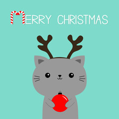 Merry Christmas. Cat holding red xmas ball. Cartoon kawaii character. Cute face icon. Deer horns. Kitten kitty. Funny baby pet animal. Candy cane. Flat design. Blue background.
