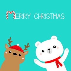Merry Christmas. White polar bear in red scarf. Deer in Santa hat. Hello winter. Cute cartoon kawaii baby character. Happy New Year. Arctic animal face head set. Flat design. Blue background.