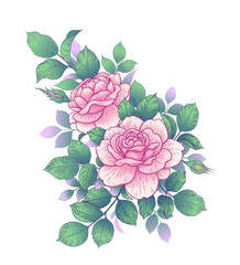 Floral Bunch with Pink Roses, Buds and Leaves