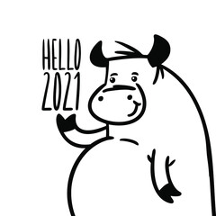 Hello 2021. Cute cartoon Ox Bull hand drawn vector illustration isolated on a white background.