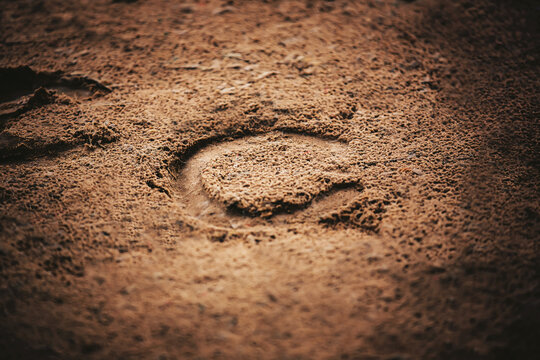 A horseshoe, worn on the hoof of a horse that ran through this area, was imprinted on the sand in the light.  Outdoor riding arena.