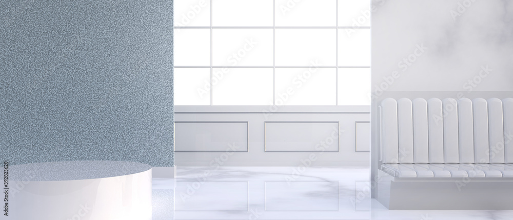 Poster empty office modern workspace mock up and window minimal living display on white background - 3d ren