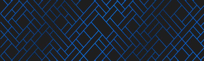 Modern geometric banner with blue grid. Stripes and lines on abstract black background. Luxury design header. Simple vector illustration