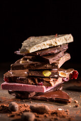 Stack of assorted chocolate with cocoa and cocoa beans on black background