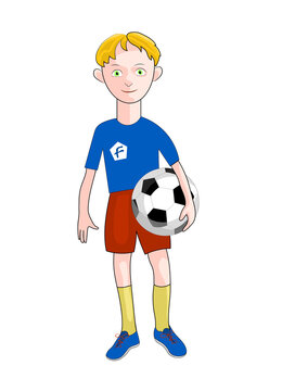 Boy with ball is standing. Vector color cartoon image.
