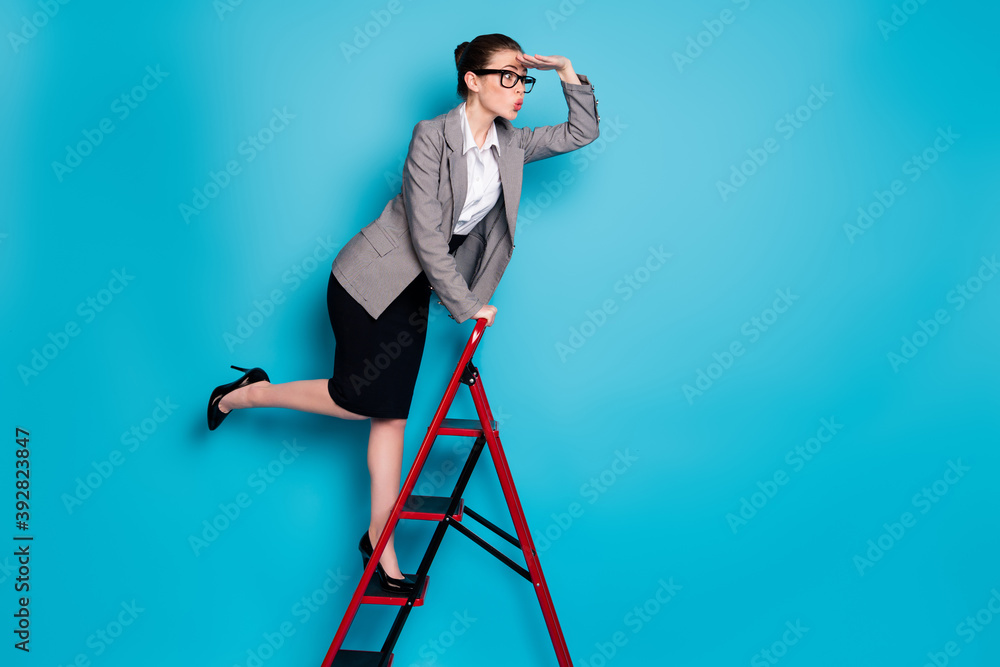 Sticker Full length profile side photo amazed girl agent hold hand eyes watch climb ladder wear blazer black skirt isolated blue color background