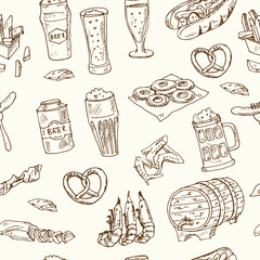 Pub food and beer Menu doodle icons Vector illustration on chalkboard. Vector illustration
