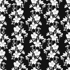 Wildflowers. Hand drawing. Black engraving, graphics, line art. Vintage seamless pattern. Black and white. Isolated vector illustration.