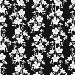 Wildflowers. Hand drawing. Black engraving, graphics, line art. Vintage seamless pattern. Black and white. Isolated vector illustration.