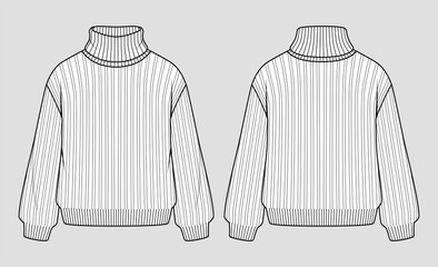 Roll neck women oversized jumper. Vector technical sketch. Mockup template.