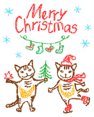 Christmas funny cats card. Like child hand drawing. Crayon, pastel chalk or pencil doodle ice-skating, happy, dancing, smiling kitten, tree, snow, xmas socks. Vector background simple cartoon style