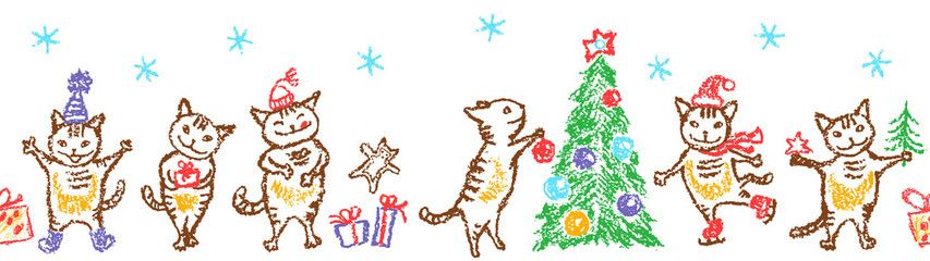 Christmas funny cat seamless pattern border. Like child hand drawing. Crayon, pastel chalk or pencil happy, dancing cat, smiling kitten, doodle tree, gift box. Vector background simple cartoon style