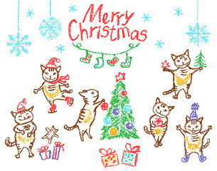 Christmas funny cats card. Like child hand drawing. Crayon, pastel chalk or pencil doodle ice-skating, happy, dancing, smiling kitten, tree, snow, xmas socks. Vector background simple cartoon style