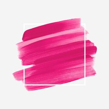 Bright pink logo brush stroke painted acrylic background vector over square frame. Perfect design for any creative ideas.