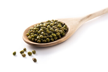 Green soy beans on wooden spoon isolated on white background