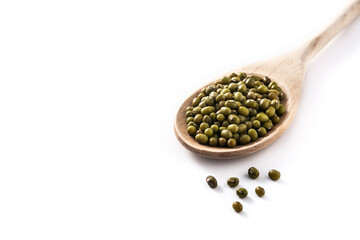 Green soy beans on wooden spoon isolated on white background.Copy space
