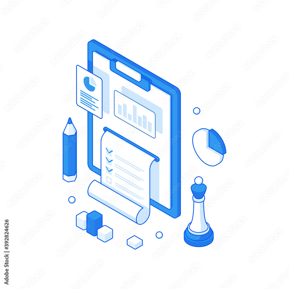 Poster infographic report and collection online statistics isometric concept. presentation of technology di