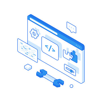 Website programming and debugging isometric illustration. Writing coded software with further testing.