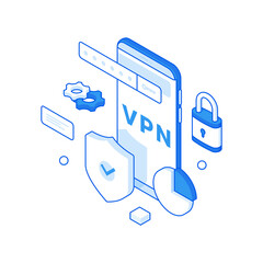 Optimization of protection of electronic devices isometric illustration. Safe use of the online application in smartphone with digital code.