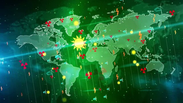 Energy production symbols on digital world map loopable and seamless 3d animation. Abstract concept background of solar power, wind, nuclear electricity, zero emission and decarbonization.