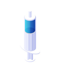 Medical syringe isometric vector. White device with blue liquid for intramuscular and intravenous injection.