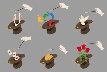 Magician hat set, flat vector isolated illustration. Illusionist hand with wand and magic cylinder hat for performing tricks with bird, rabbit, bouquet of flowers, ribbons, playing cards. © Siberian Art