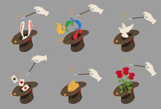 Magician hat set, flat vector isolated illustration. Illusionist hand with wand and magic cylinder hat for performing tricks with bird, rabbit, bouquet of flowers, ribbons, playing cards.
