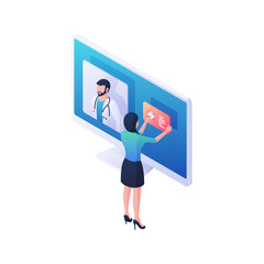 Posting online information about doctor isometric vector illustration. Female character is doing web tweak on profile.