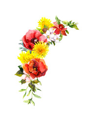Fototapeta premium Bouquet with poppies, meadow flowers. Watercolor botanical illustration, beautiful decorative floral corner
