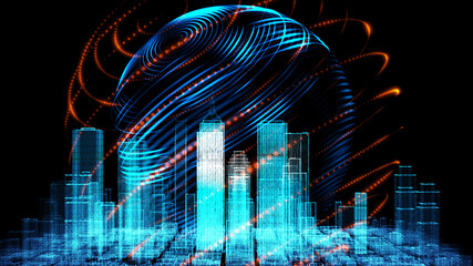 Digital smart world technology motion blur smart city 3D zoom blur architecture building iot internet of thing artificial intelligence, security energy power tech futuristic background