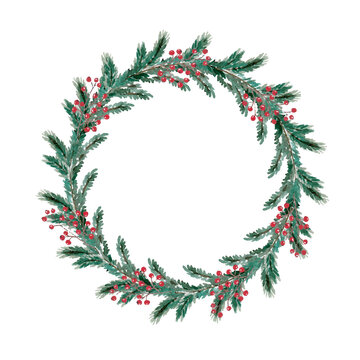 Green wreath with red berries, watercolor illustration. Christmas design. illustration