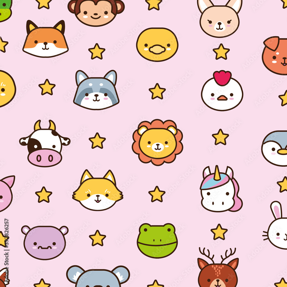 Wall mural bundle of kawaii animals with stars line and fill style