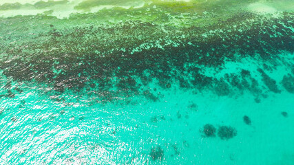 Aerial view of shot of turquoise water - space for text. Blue lagoon water surface.