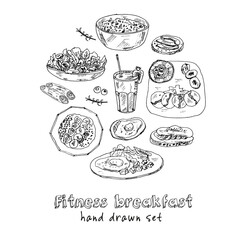 Fitness breakfast set with food and drink hand drawn doodles. Vector illustration