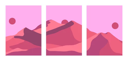 Fototapeten Lila Zeitgenössische abstrakte Landschaftscollage. Satz handgezeichnete moderne künstlerische Reiseplakate, Boho-Rosa-Sonnenuntergang-Wüstenhintergründe, Naturwand-Kunstdekor. Vektorillustration aus der Mitte des Jahrhunderts  © Екатерина Заносиенко