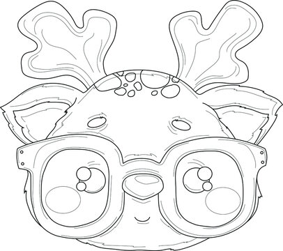 Cute cartoon baby deer with glasses sketch template. Graphic vector illustration in black and white for games, background, pattern, decor. Coloring paper, page, children's story book. Print for fabric