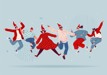Happy people in santa hats are jumping and celebrating Christmas and New Year. Friends have fun and laugh