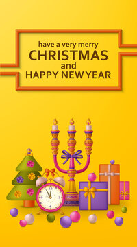 Merry Christmas background and Happy New Year golden balls, gift boxes and alarm clock