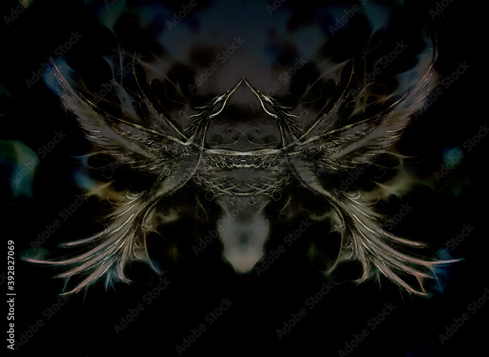 Poster flying phoenix bird as symbol of rebirth and new beginning and ancient ornament in background.