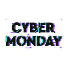 Fototapeta na wymiar Cyber Monday sale and discount concept banner in distorted glitch style. Text and title for your Cyber Monday ad, branding, shares and social media design.