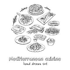 Mediterranean cuisine Vector set with food and drink hand drawn doodles. Vector illustration