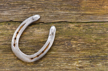 old horseshoe laying on wooden plank