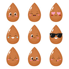 Cute happy brown almond character set