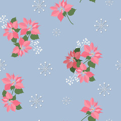 Seamless vector illustration with poinsettia flowers and snowflakes