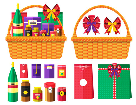 Illustration vector flat cartoon thing of grocery canned food isolated and basket or hamper for happy Christmas Thanksgiving day or New year gift setting on white background