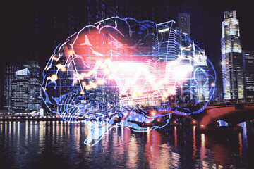 Brain hologram drawing on city scape background Double exposure. Brainstorming concept.